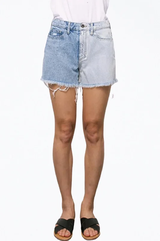 High-Rise Two-Tone Distressed Denim Shorts In Blue