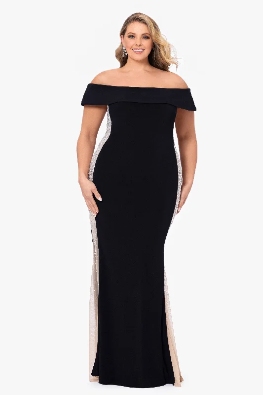 Plus ""Brianna"" Off the Shoulder Jersey Knit Caviar Beaded Gown