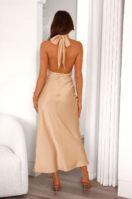 Beauty Of The Night Halter Satin Maxi Dress Champagne