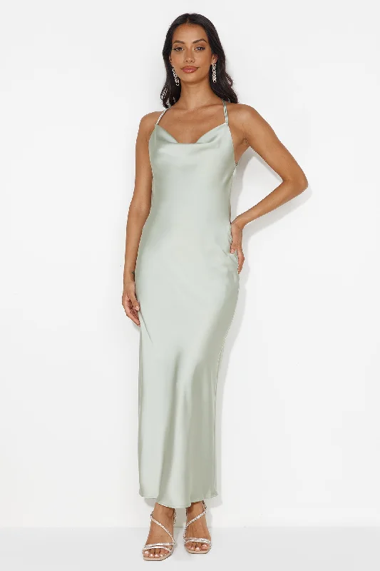 Charming Swan Satin Maxi Dress Sage