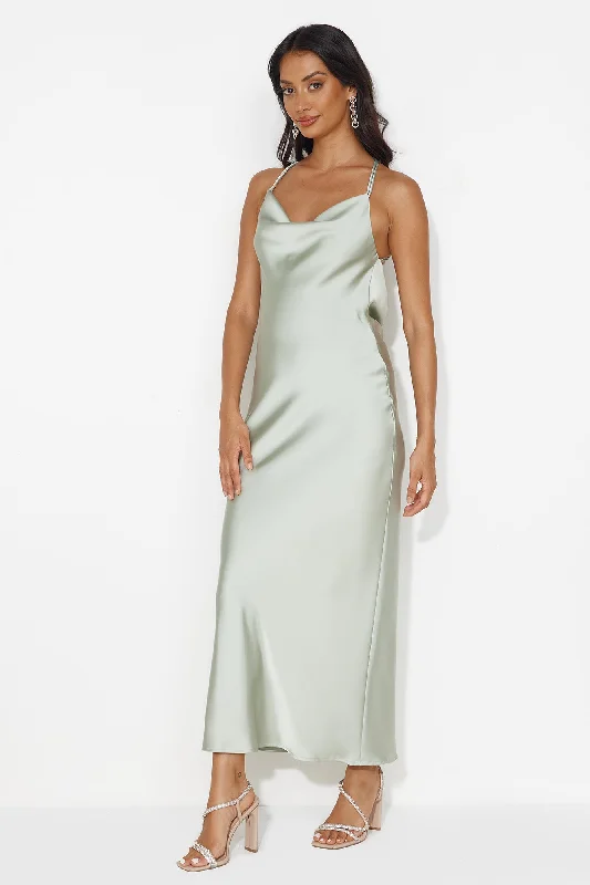 Charming Swan Satin Maxi Dress Sage