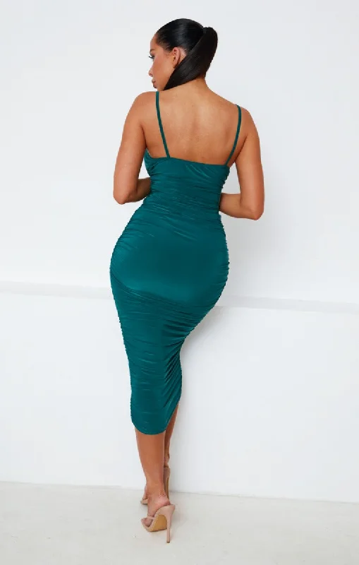 Emarald Green Slinky Ruched Wrap Strappy Bodycon Midi Dress - Pia