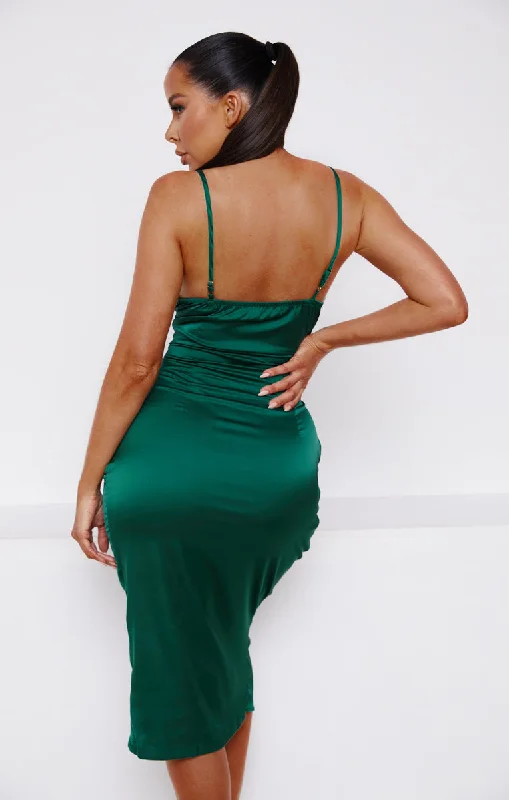 Emerald Satin Cowl Neck Asymmetric Split Strappy Bodycon Midi Dress - Cailleigh