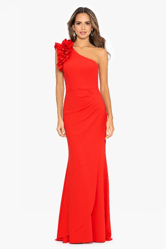 ""Ivy"" One Shoulder Ruffle Scuba Crepe Dress