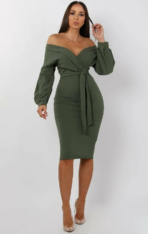 Khaki Belted Bodycon Midi Dress - Angelica