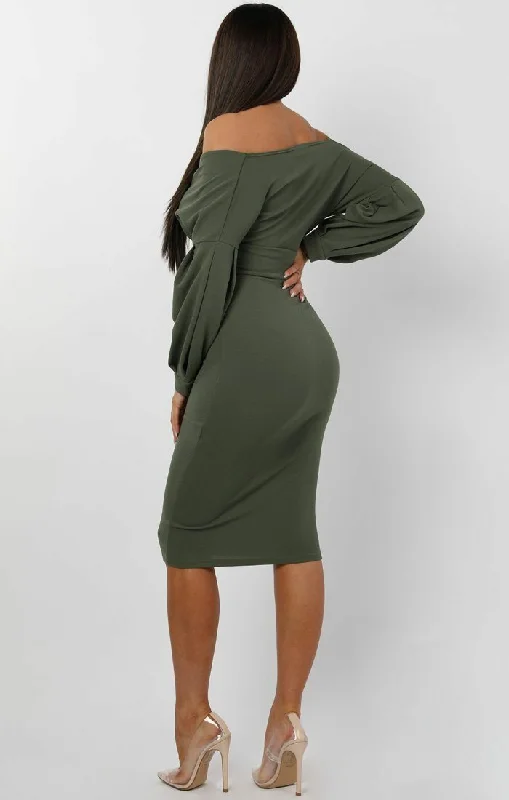 Khaki Belted Bodycon Midi Dress - Angelica