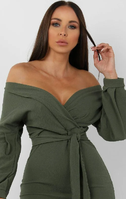 Khaki Belted Bodycon Midi Dress - Angelica