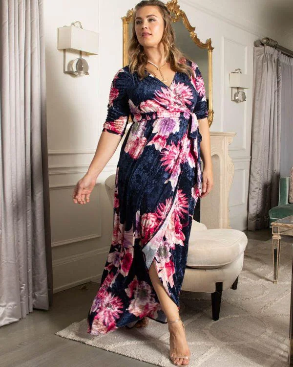 Kiyona Long Formal Plus Size Velvet Wrap Dress