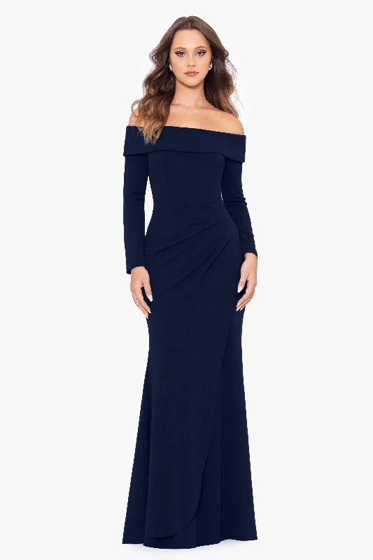 ""Livia"" Long Sleeve Off the Shoulder Scuba Crepe Gown