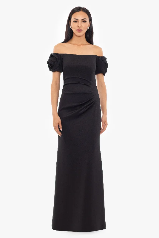 ""Phoebe"" Long Off the Shoulder Techno Scuba Ruffle Sleeve Dress