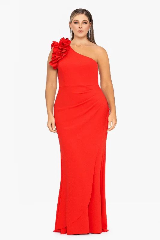 Plus ""Ivy"" One Shoulder Ruffle Scuba Crepe Dress