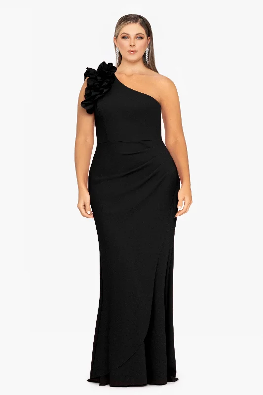 Plus ""Ivy"" One Shoulder Ruffle Scuba Crepe Dress