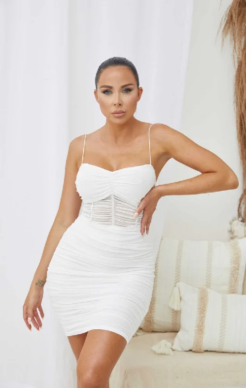 White Mesh Ruched Sheer Panel Strappy Bodycon Mini Dress - Hester