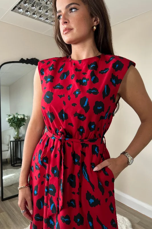 Amay Red Animal Shoulder Pad Midi Dress