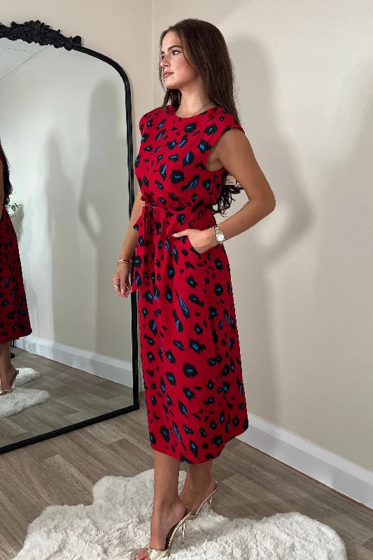 Amay Red Animal Shoulder Pad Midi Dress