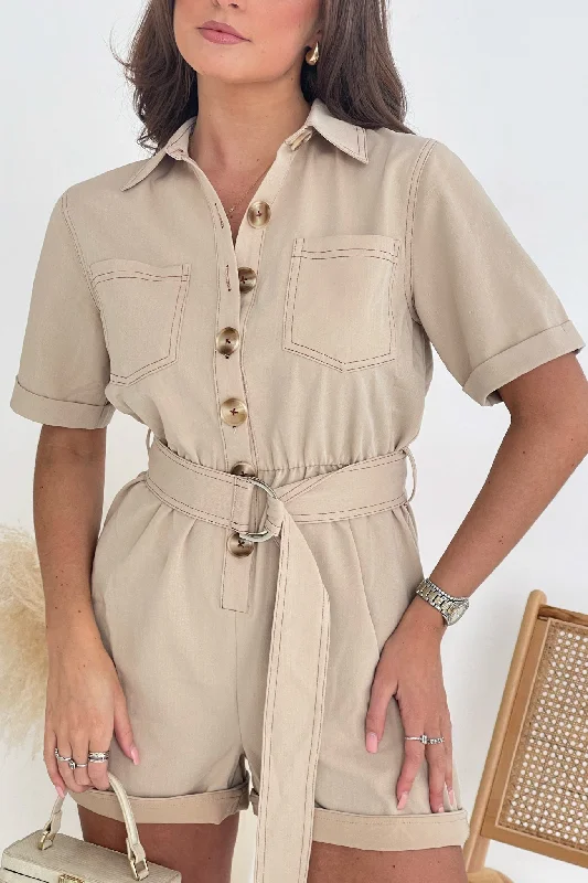 Amelia Utility Style Playsuit Tan Contrast Stitch