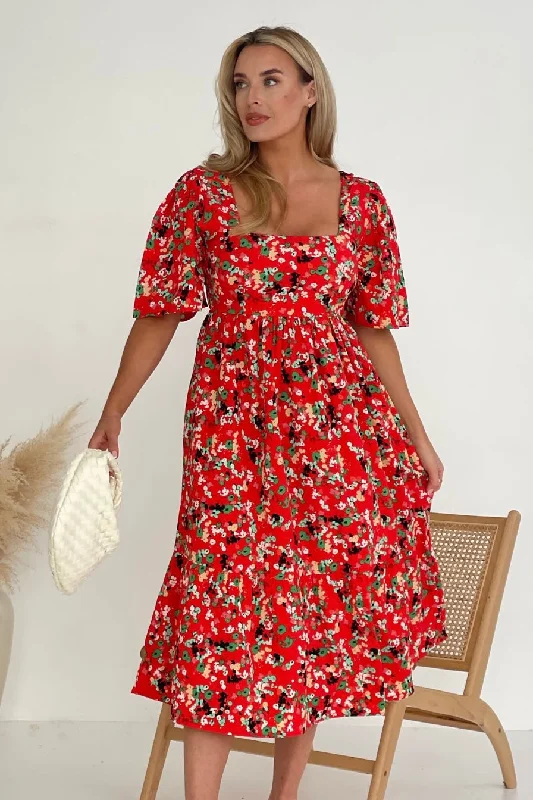 Aspen Square Neck Tiered Midaxi Dress Red