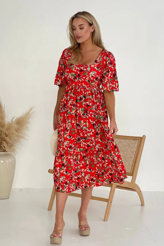 Aspen Square Neck Tiered Midaxi Dress Red