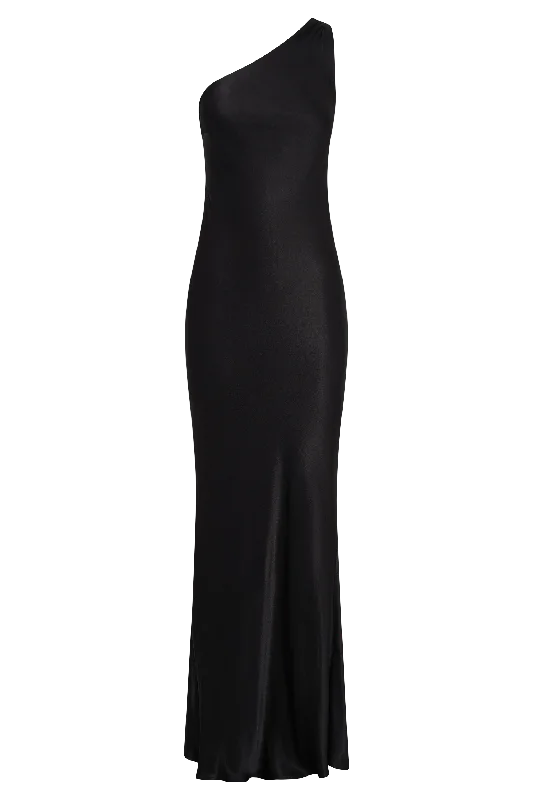 Camille One Shoulder Satin Maxi Dress - Black