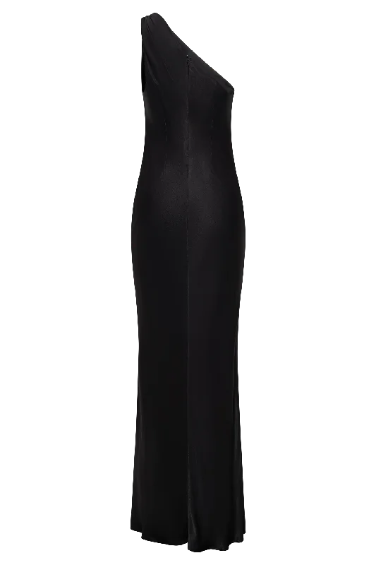 Camille One Shoulder Satin Maxi Dress - Black