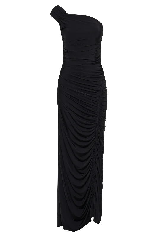 Capri Gathered Slinky Maxi Dress - Black