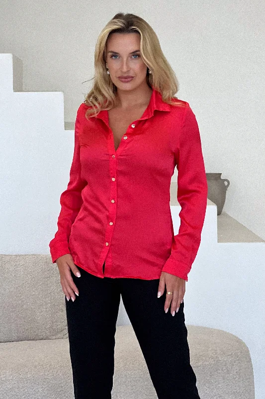 Carlie Satin Long Sleeve Shirt in Coral