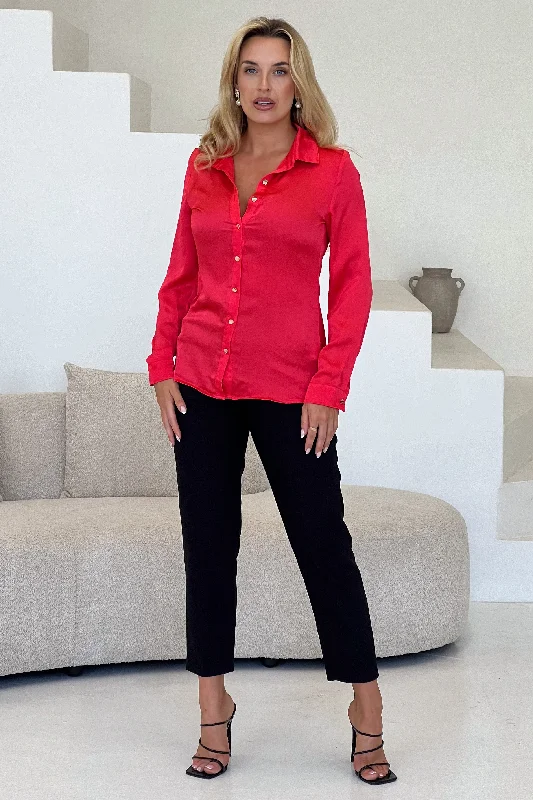 Carlie Satin Long Sleeve Shirt in Coral