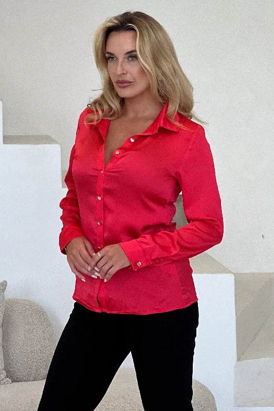 Carlie Satin Long Sleeve Shirt in Coral