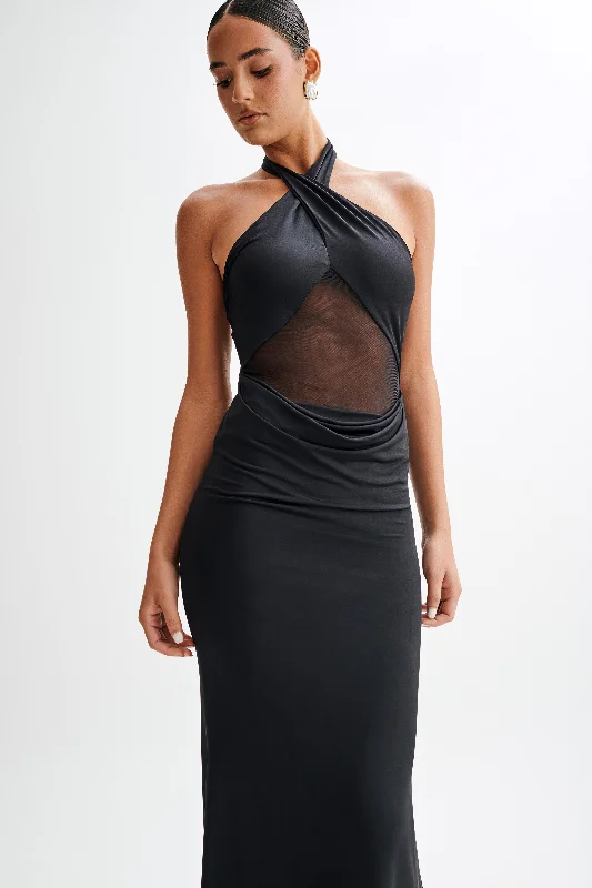 Caterina Slinky Mesh Halter Maxi Dress - Black