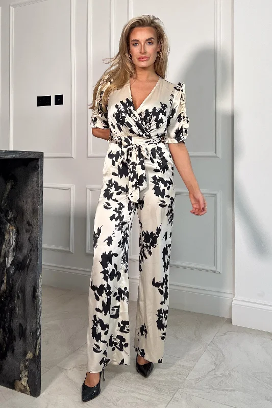 Fizz Cream Floral Frill Detail Wide Leg Jumpsuit