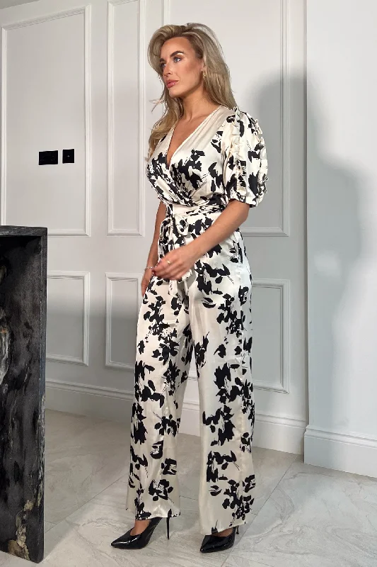 Fizz Cream Floral Frill Detail Wide Leg Jumpsuit