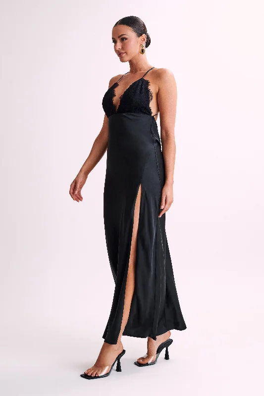 Gina Satin Slip Maxi Dress With Lace - Black