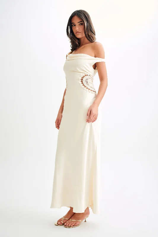 Kristina Satin Maxi Dress With Crochet - Ivory