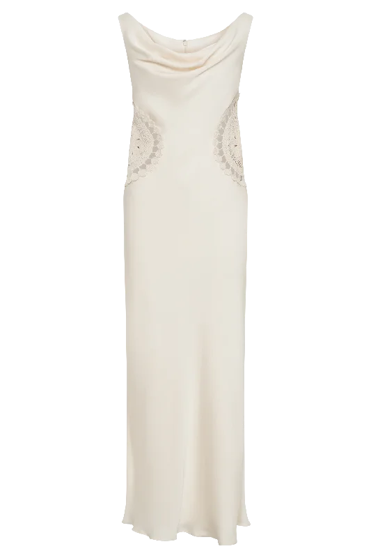 Kristina Satin Maxi Dress With Crochet - Ivory