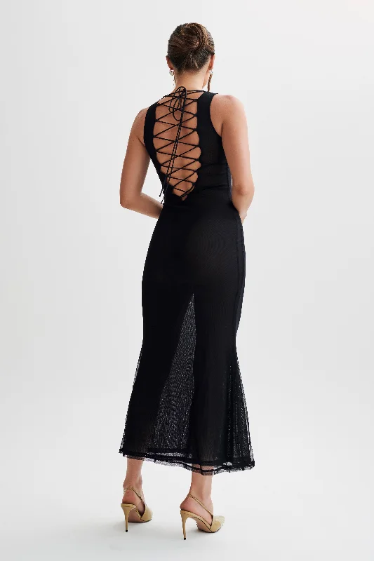 Maeva Embroidered Mesh Maxi Dress - Black