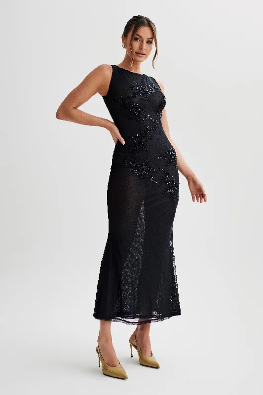 Maeva Embroidered Mesh Maxi Dress - Black