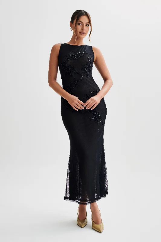 Maeva Embroidered Mesh Maxi Dress - Black