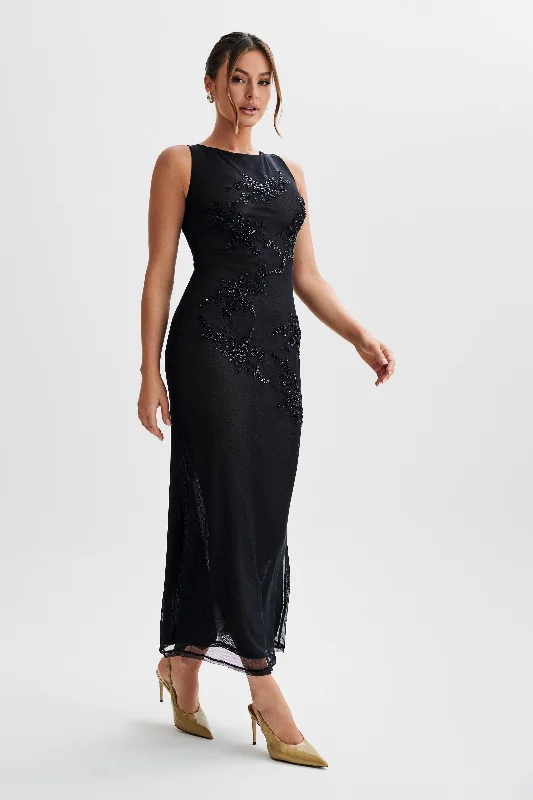 Maeva Embroidered Mesh Maxi Dress - Black