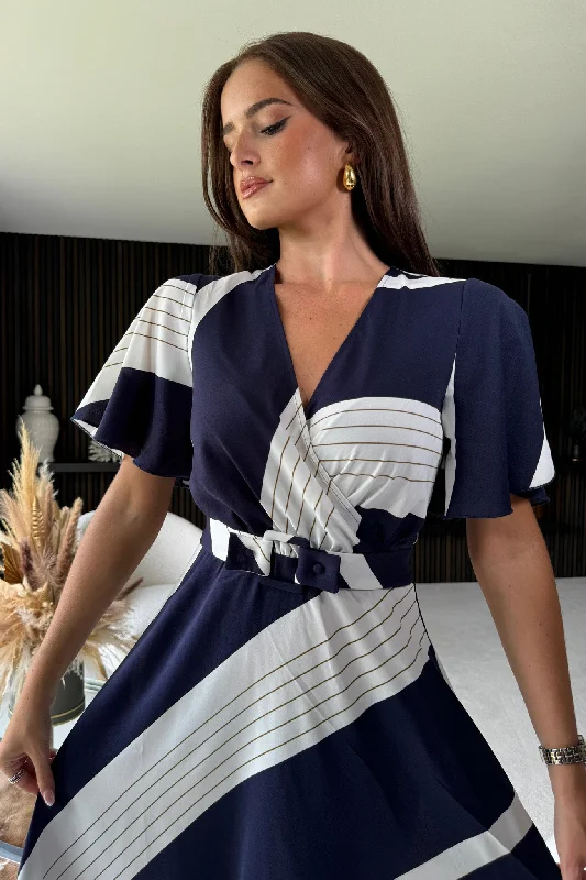 Nadine Navy Stripe Wrap Detail Midi Dress