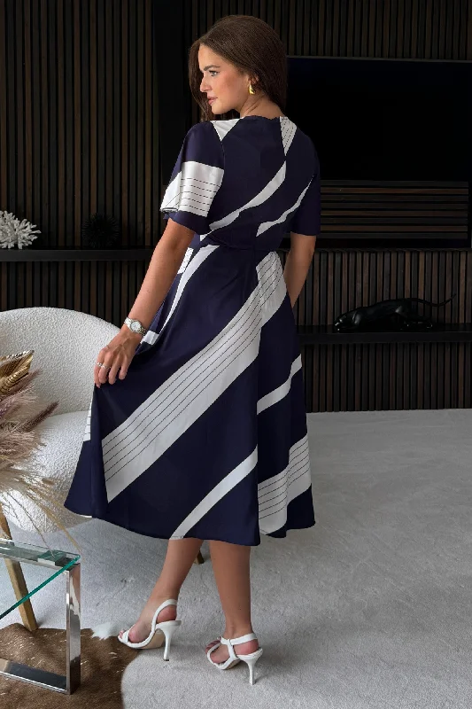 Nadine Navy Stripe Wrap Detail Midi Dress