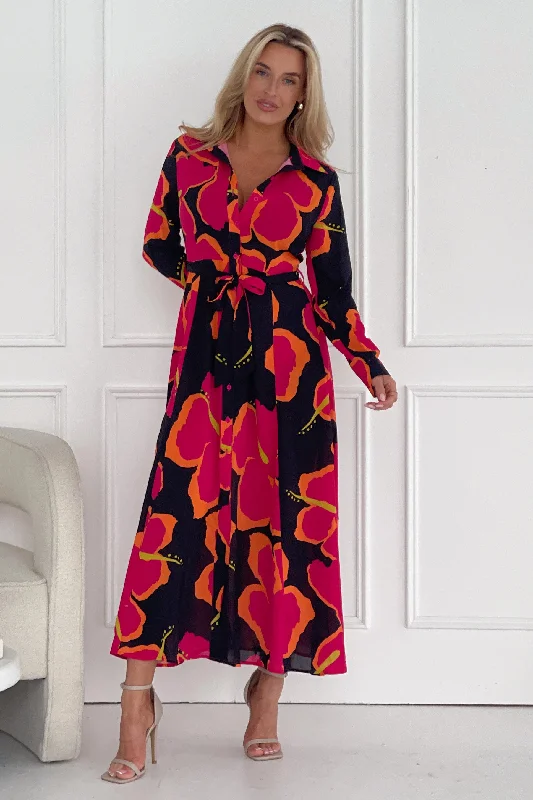 Brielle Pink Large Floral Shirt Maxi Dress