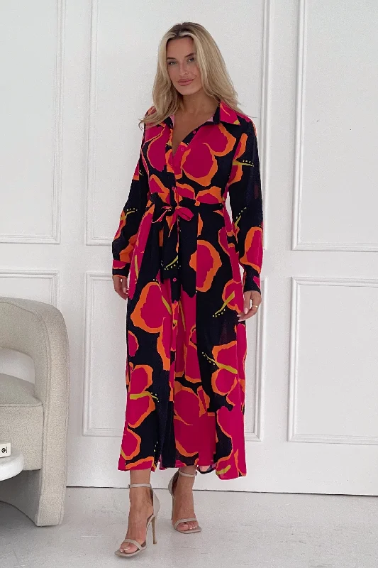 Brielle Pink Large Floral Shirt Maxi Dress