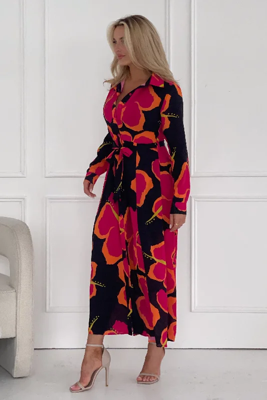 Brielle Pink Large Floral Shirt Maxi Dress