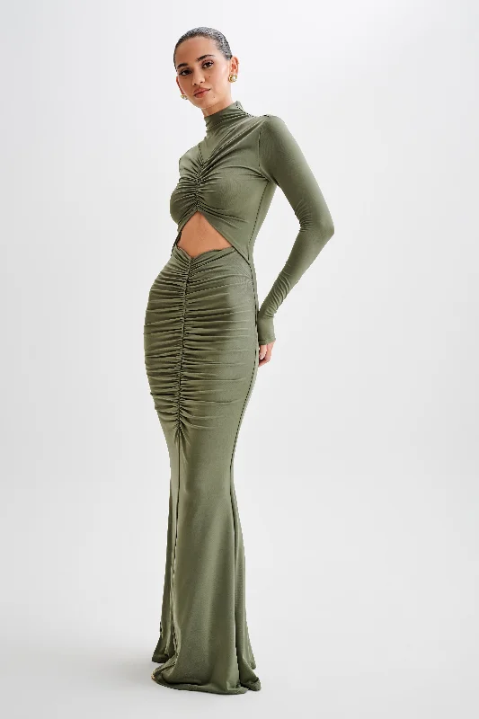 Pia Slinky Long Sleeve Cutout Maxi Dress - Military Olive