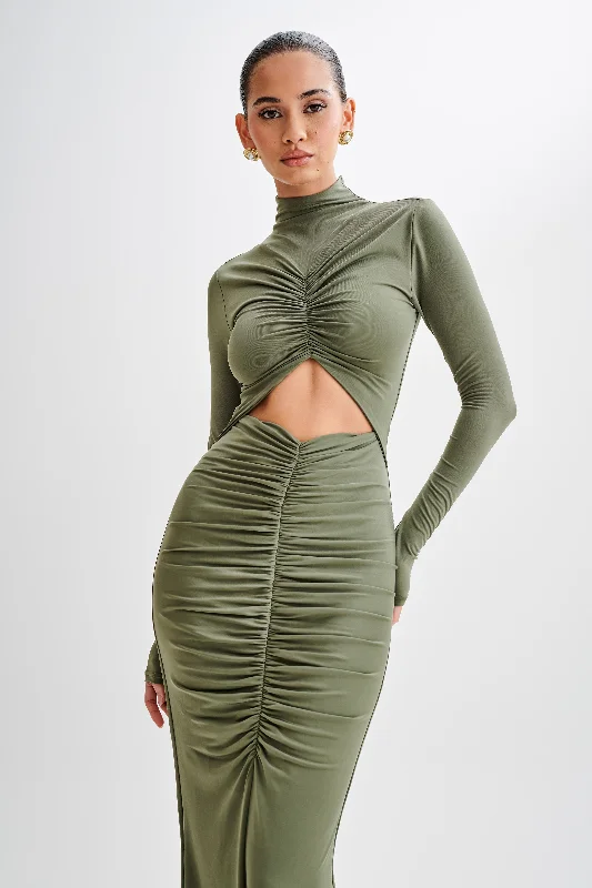 Pia Slinky Long Sleeve Cutout Maxi Dress - Military Olive