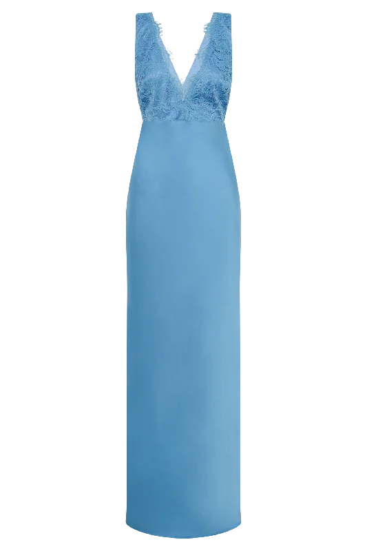 Ricci Satin And Lace Maxi Dress - Iris Blue