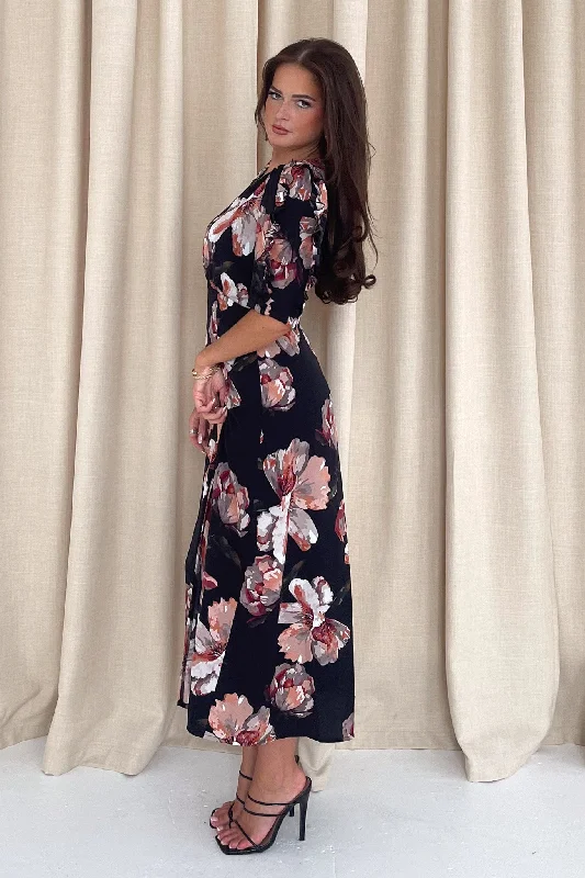 Samira Black Floral Frill Sleeve Midi Dress