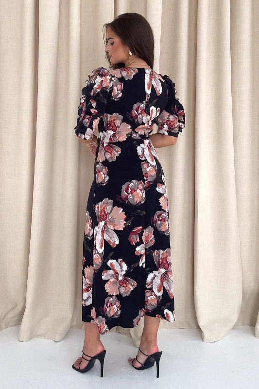 Samira Black Floral Frill Sleeve Midi Dress