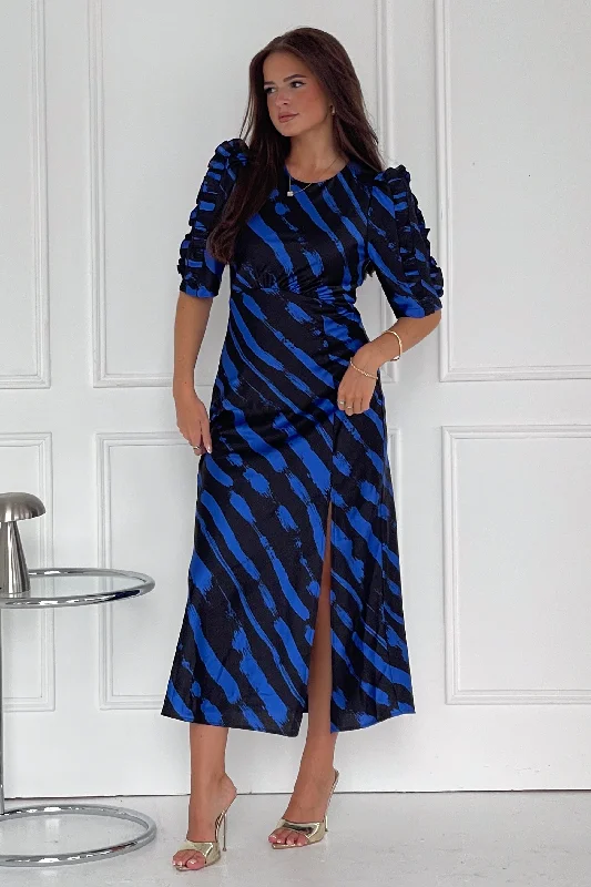 Samira Cobalt Print Frill Sleeve Midi Dress