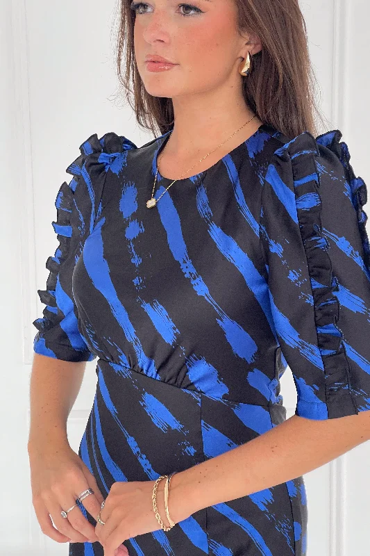 Samira Cobalt Print Frill Sleeve Midi Dress